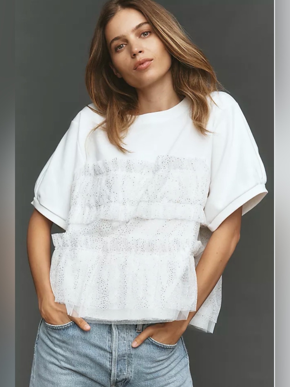 Maeve Short-Sleeve Smocked Ruffle Sweatshirt Size XS